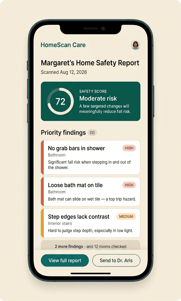 A phone screen showing a HomeScan Care safety report with a moderate risk score and priority findings